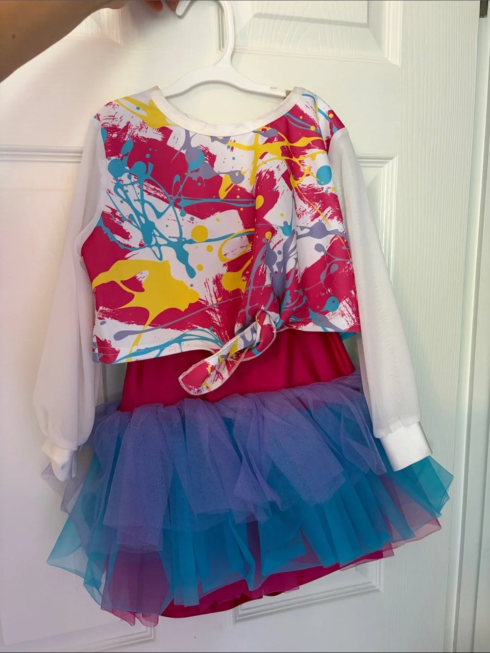 Weissman IC Pink Splash Tutu Dress with Blue Teal Tulle. Matching scrunchie.